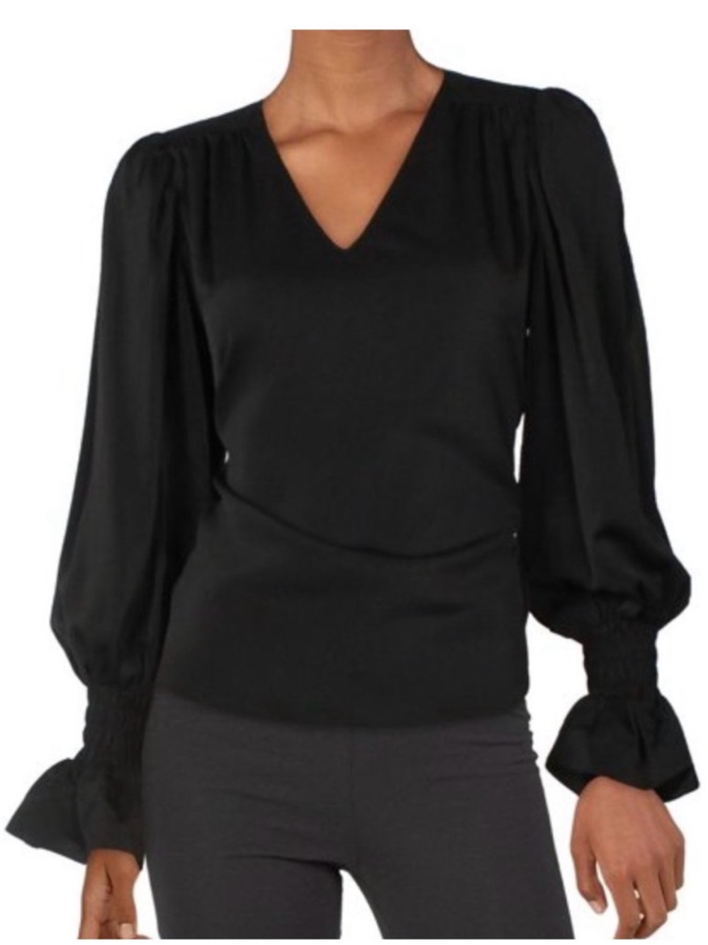 Aqua Black V-Neck Puff Sleeve Blouse